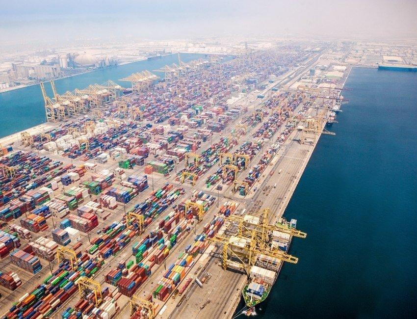 Aerial view of container port and logistics infrastructure