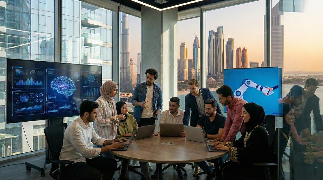 Technology professionals collaborating around AI dashboards