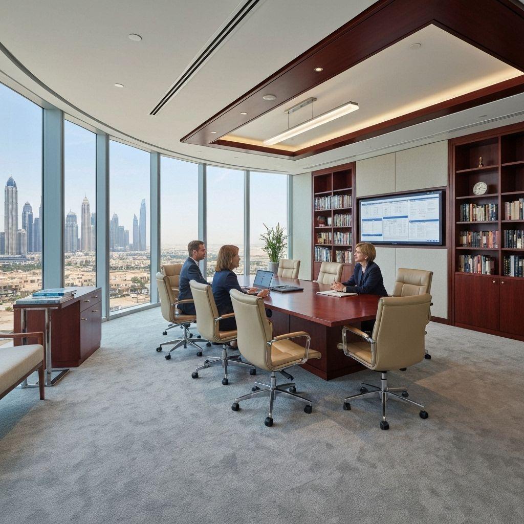 Wealth management consultation in a Dubai office overlooking the skyline