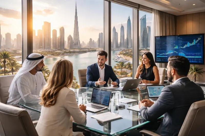Investors discussing long-term strategy in a Dubai boardroom